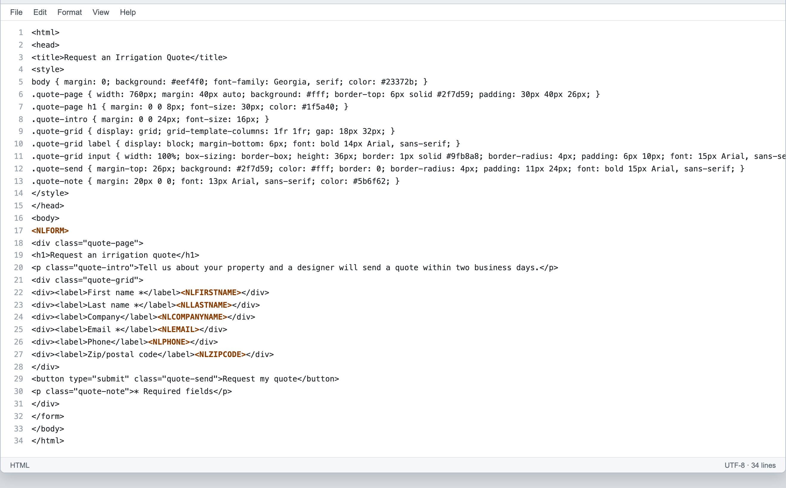 quote-request-layout.html open in a text editor, 34 lines. Line 17 is NLFORM. Lines 22 to 27 are label divs followed by NLFIRSTNAME, NLLASTNAME, NLCOMPANYNAME, NLEMAIL, NLPHONE and NLZIPCODE. Line 29 is a submit button labelled Request my quote, and line 32 closes the form.
