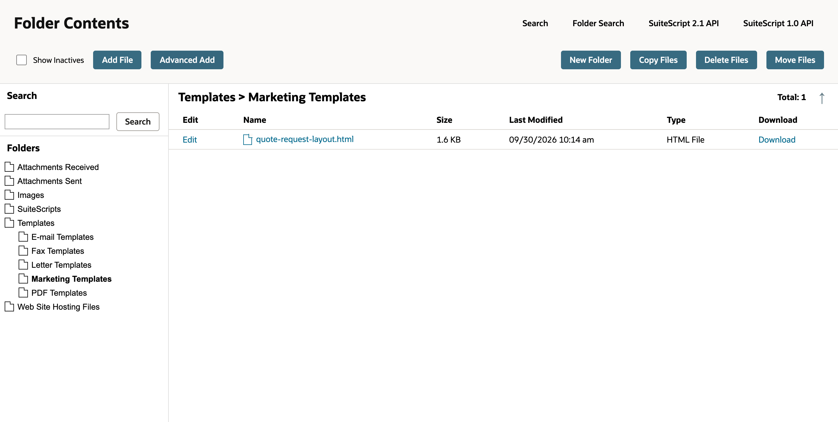 The File Cabinet's Templates > Marketing Templates folder with Total: 1: quote-request-layout.html, 1.6 KB, Type HTML File, with an Edit link and a Download link.