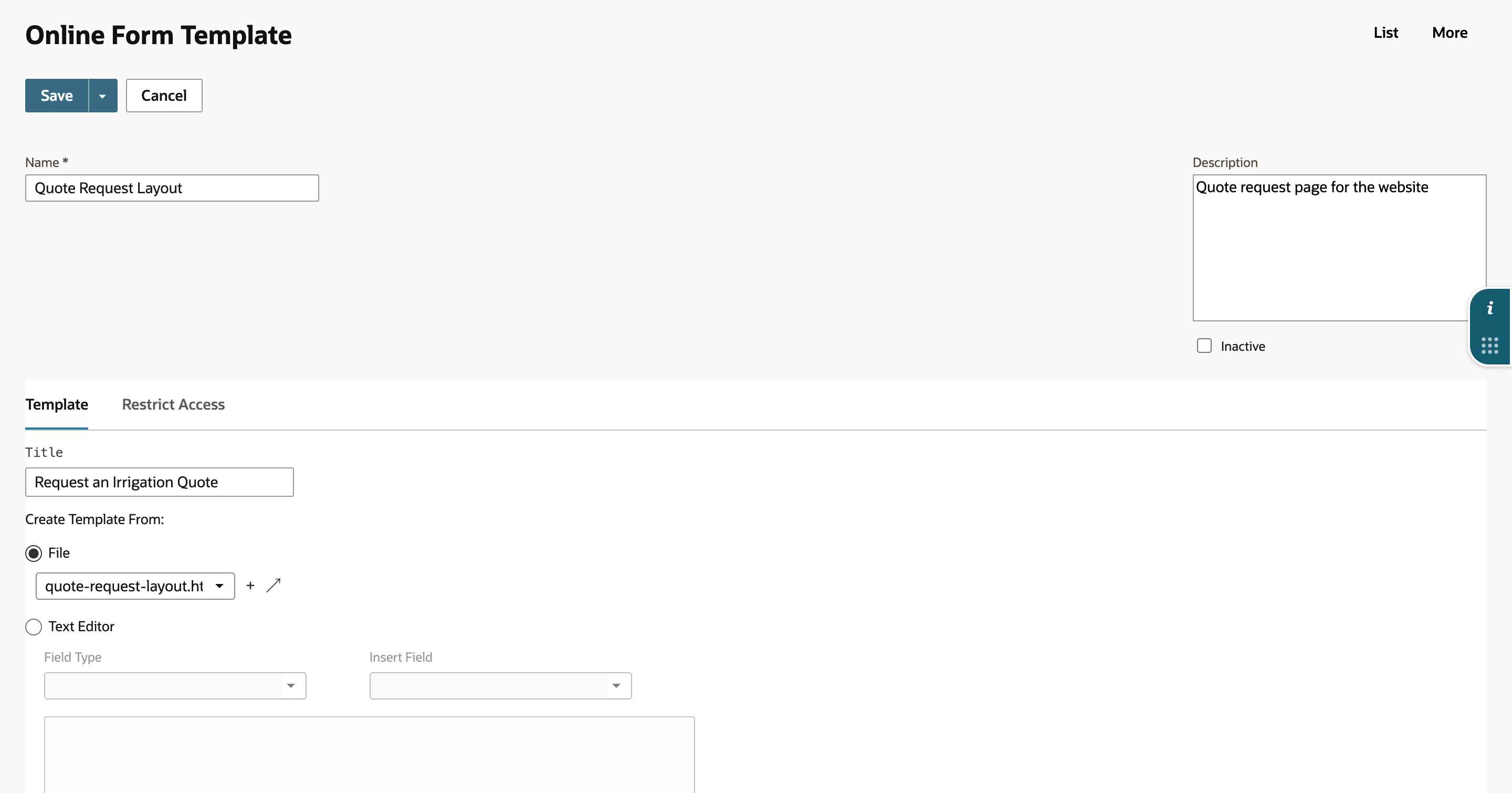 A new Online Form Template with Name Quote Request Layout and Description Quote request page for the website. On the Template subtab, Title is Request an Irrigation Quote and Create Template From is set to File with quote-request-layout.html selected.