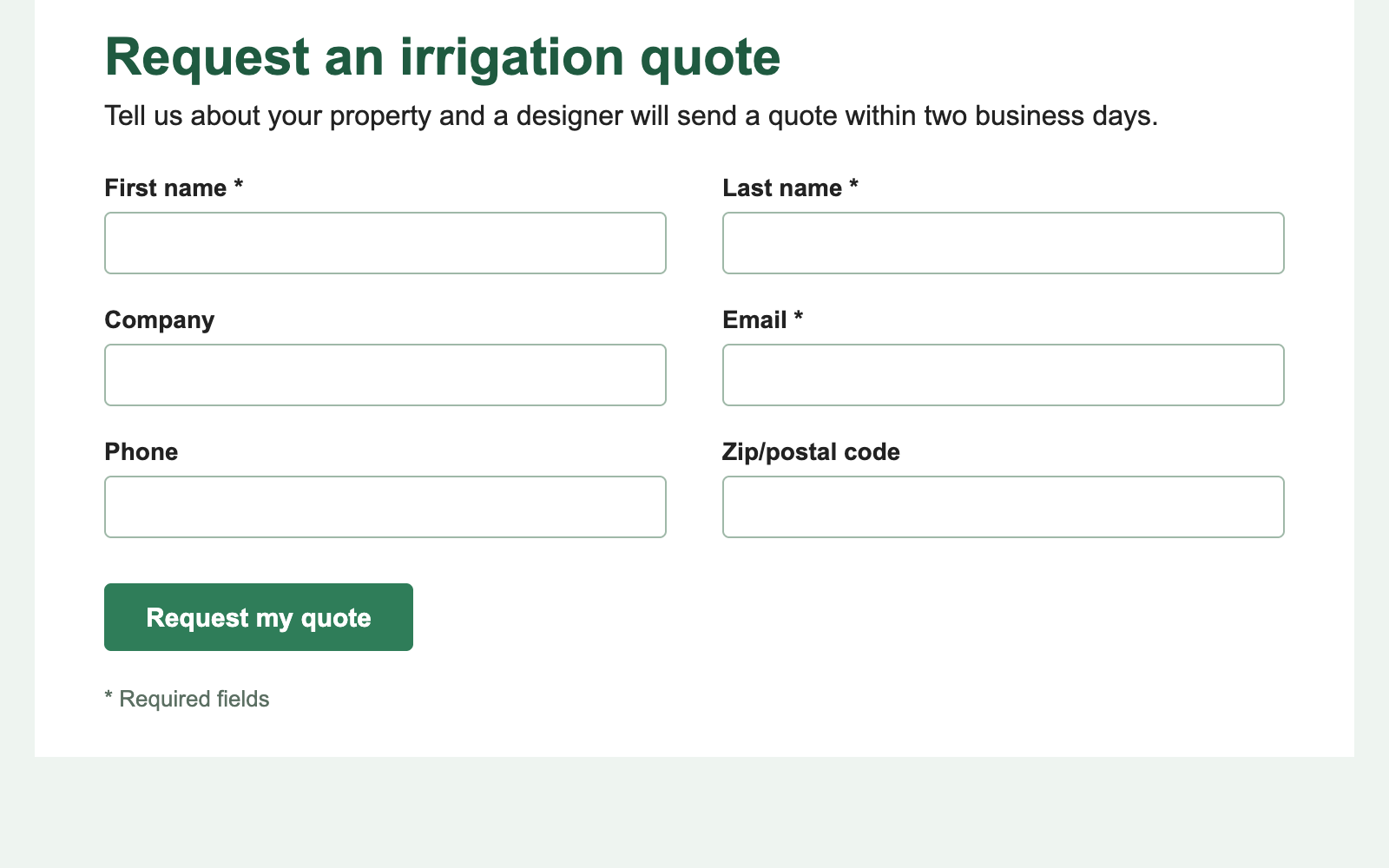 The public Request an irrigation quote page with a box under every label: First name, Last name, Company, Email, Phone and Zip/postal code.