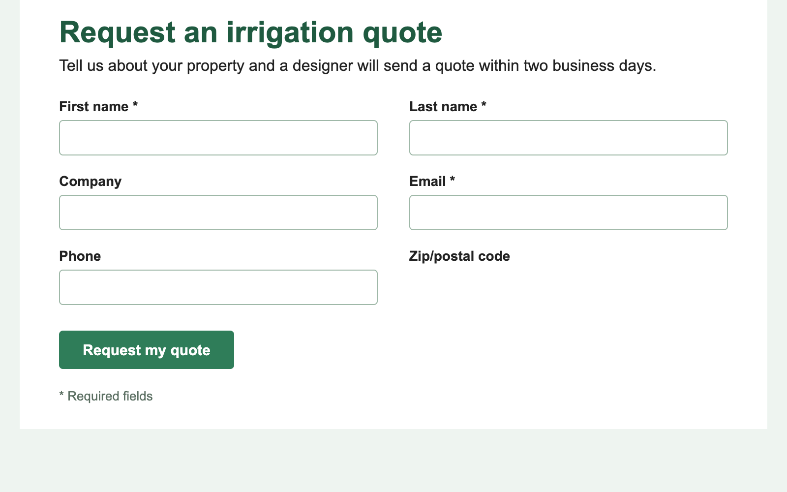 The public Request an irrigation quote page with boxes under First name, Last name, Company, Email and Phone. An arrow points to Zip/postal code, which has a label but no box.