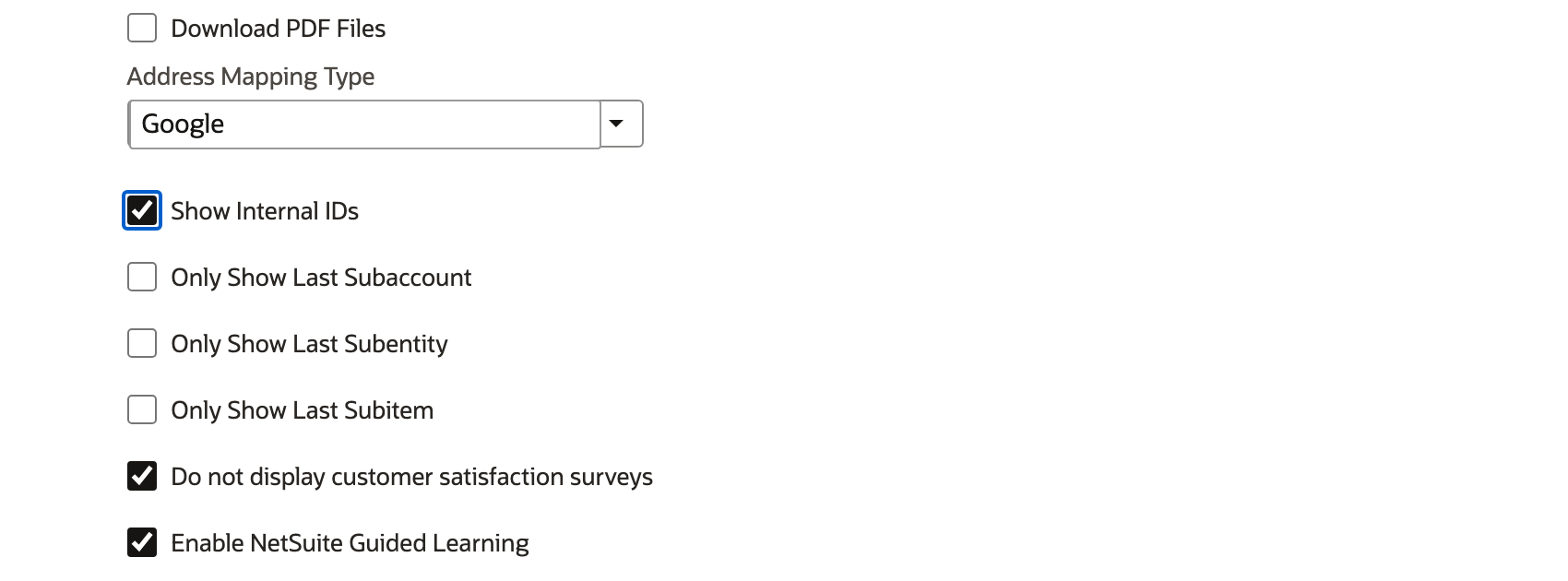 Show Internal IDs is selected before the preference is saved.