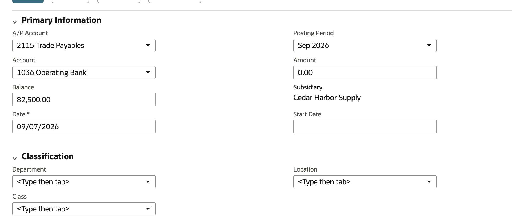 Review the Pay Bills form, payment settings, and available bill rows before making a selection.