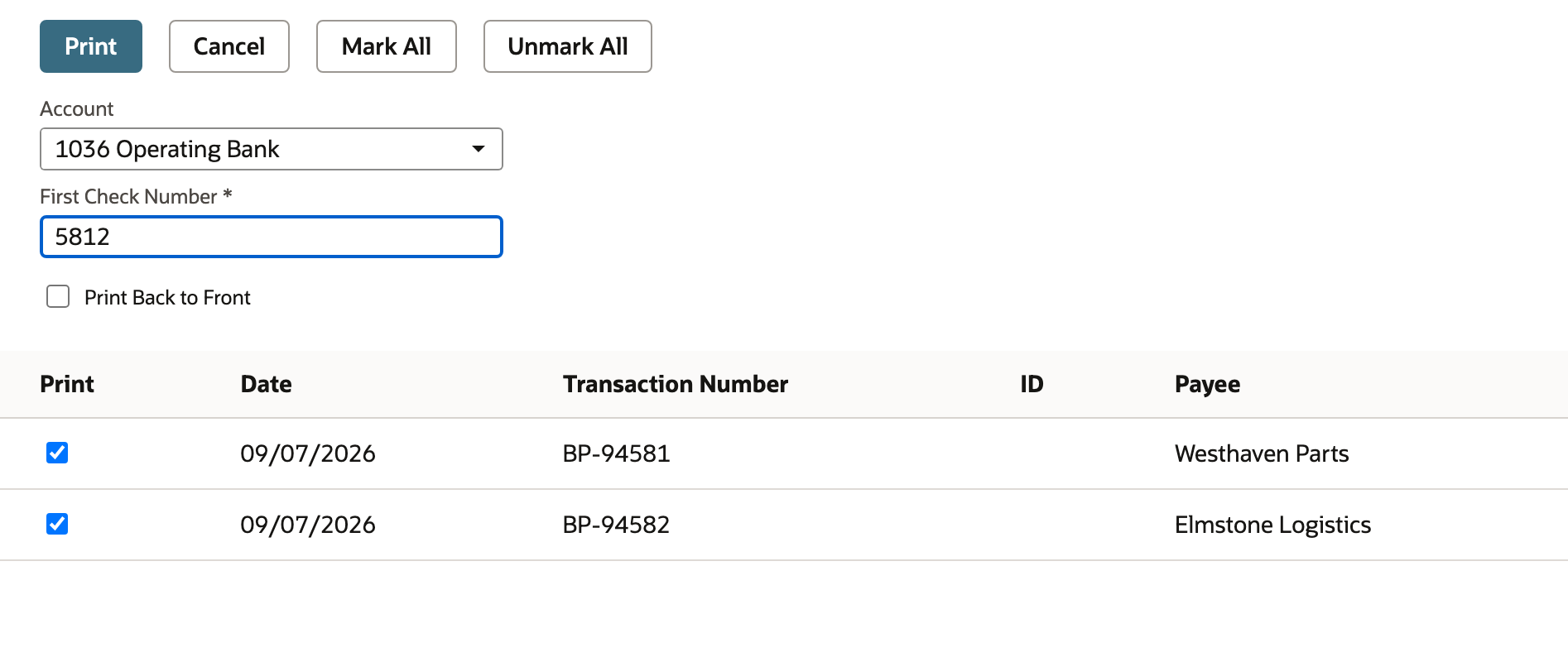 Print queue with both payments selected and first check number 5812.