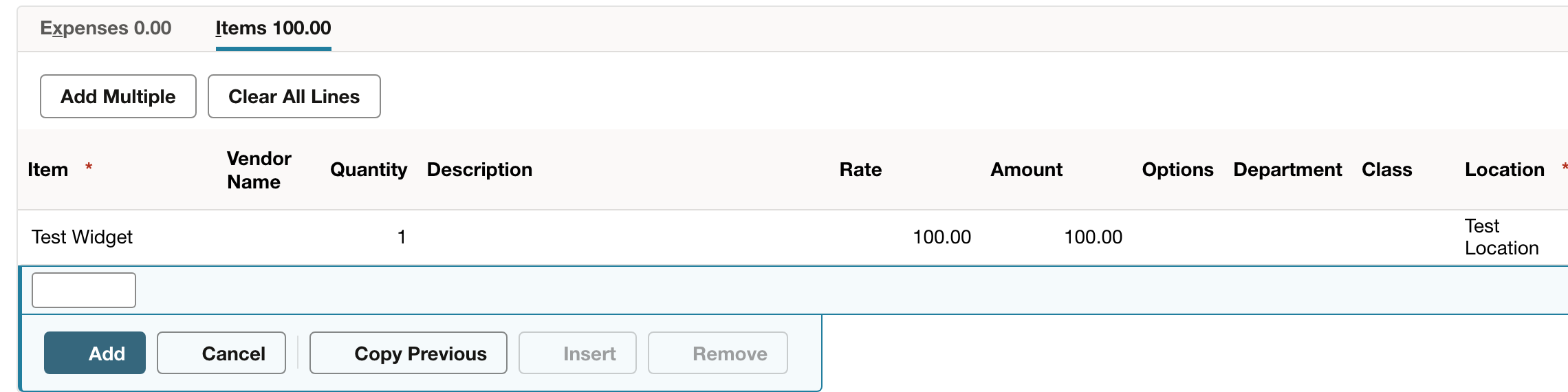 NetSuite vendor bill item line showing Test Widget, quantity 1, rate 100.00, and Test Location