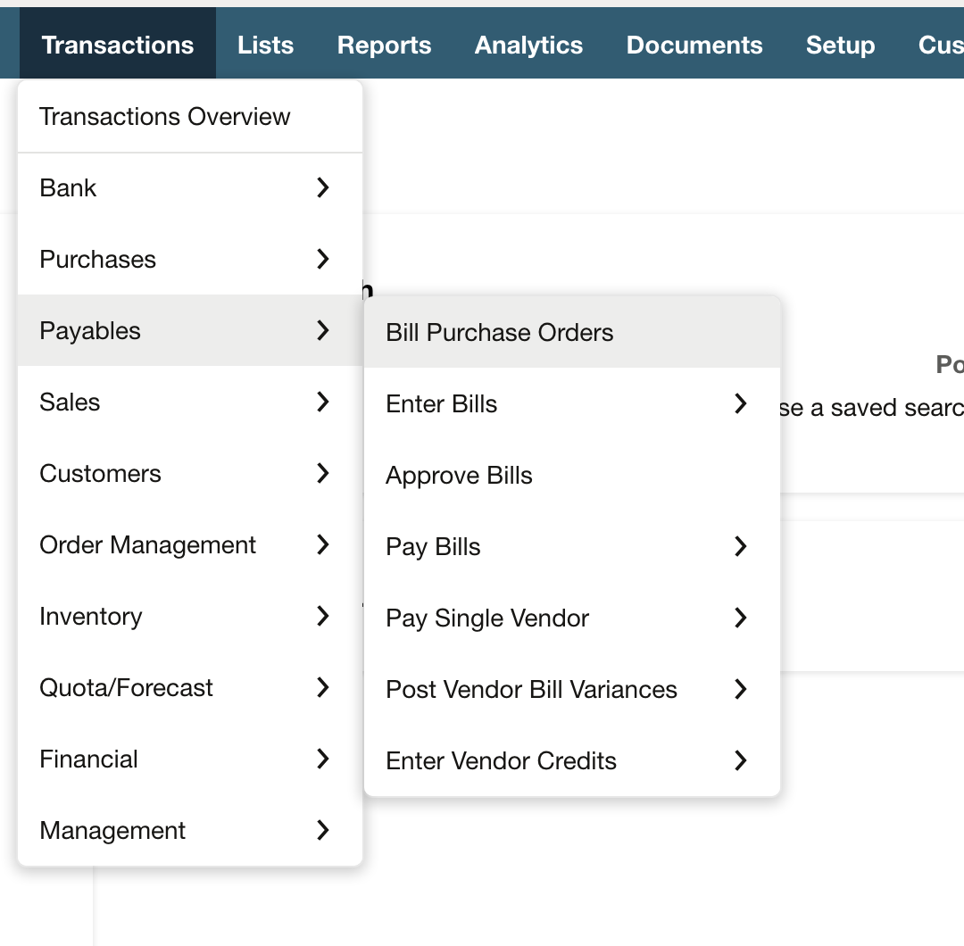 NetSuite Transactions menu expanded through Payables to Enter Bills