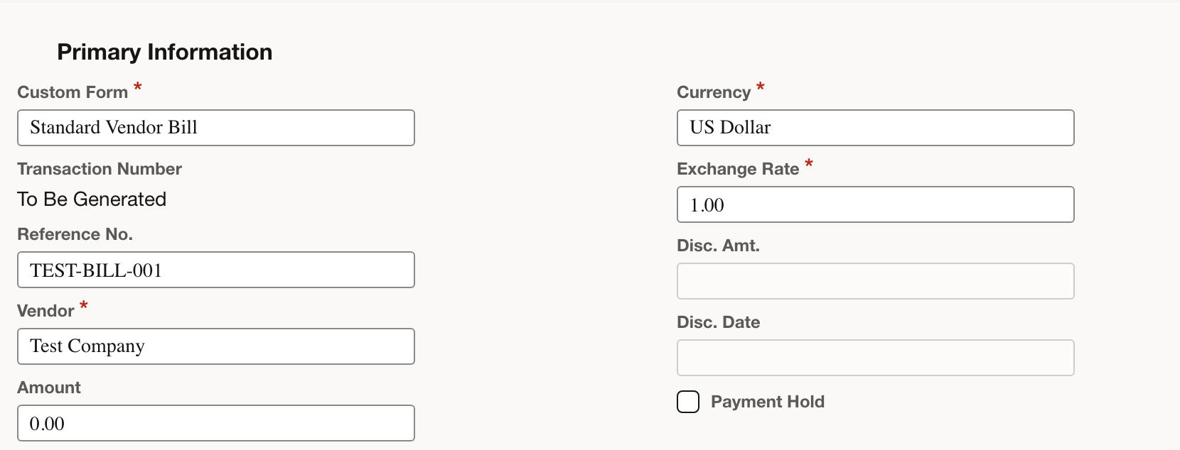 NetSuite vendor bill with TEST-BILL-001 in Reference No. and Test Company selected