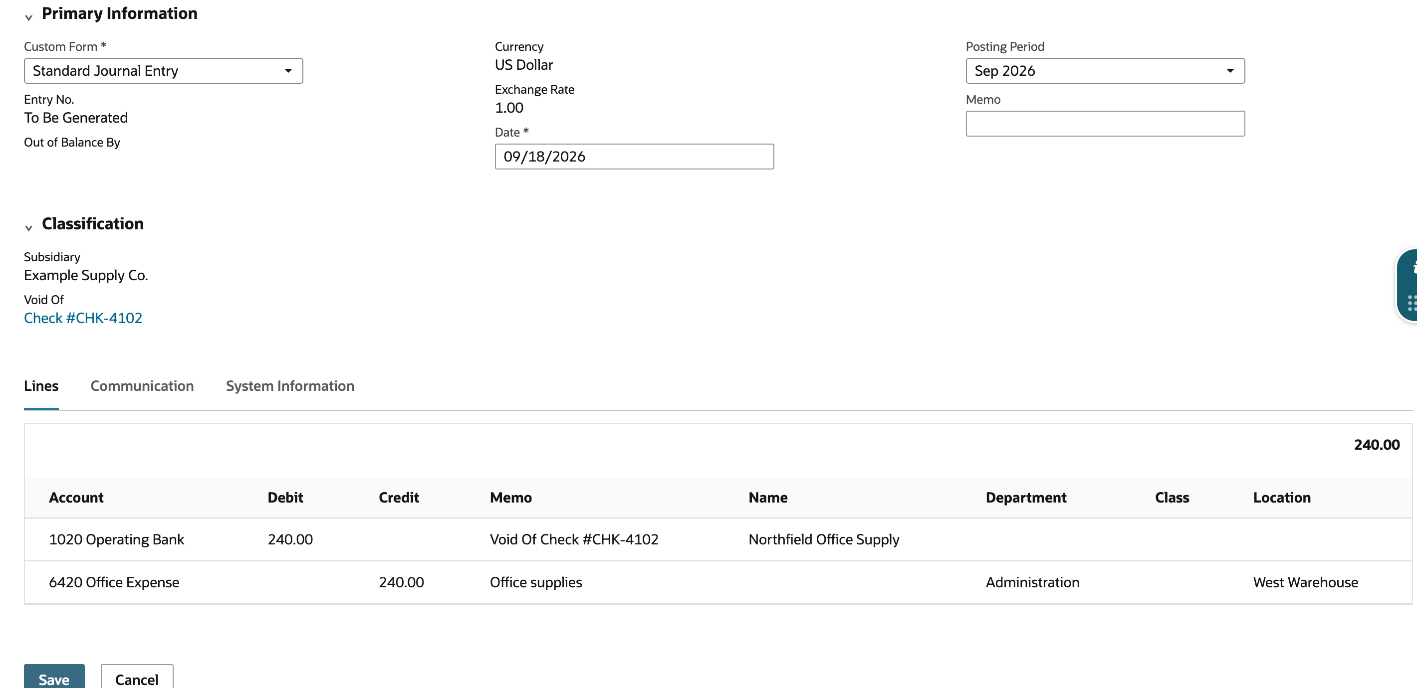 Voiding Journal debit and credit lines reversing the original check amount.