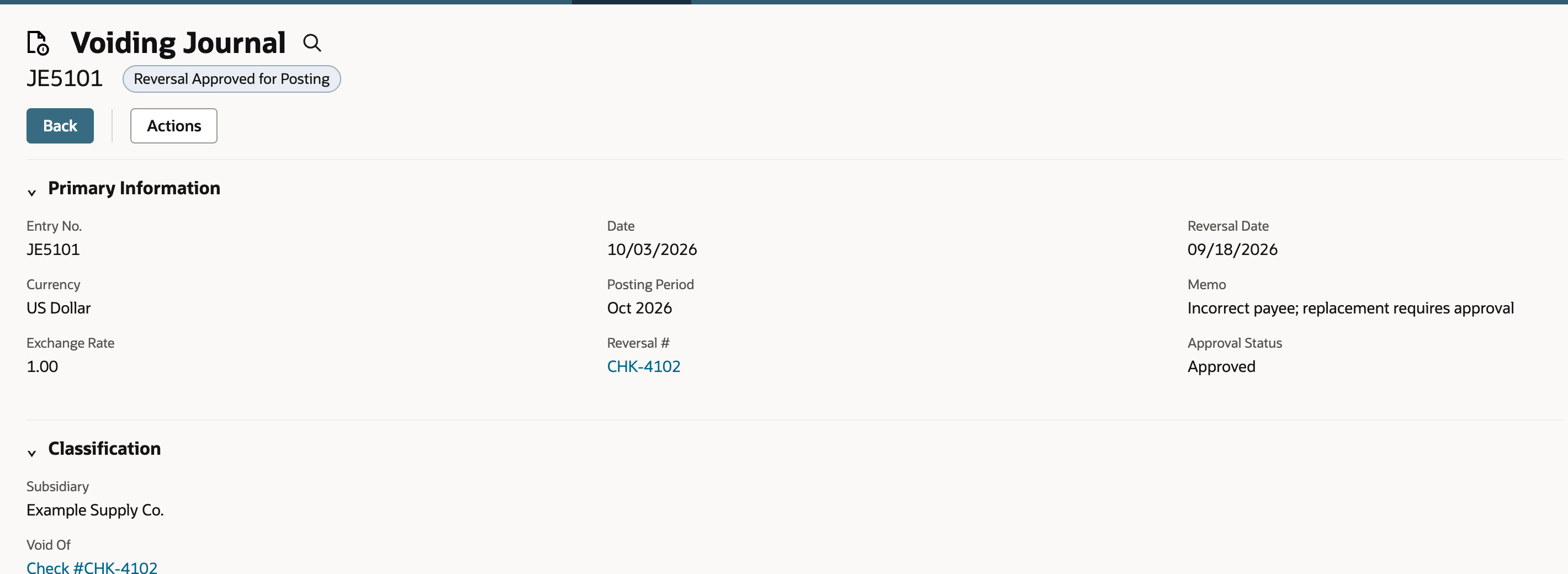 Saved voiding journal JE5101 linked to check CHK-4102.