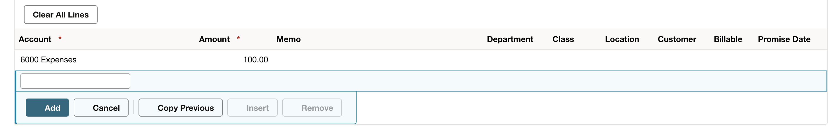 The completed expense line assigns 100.00 to 6000 Expenses.