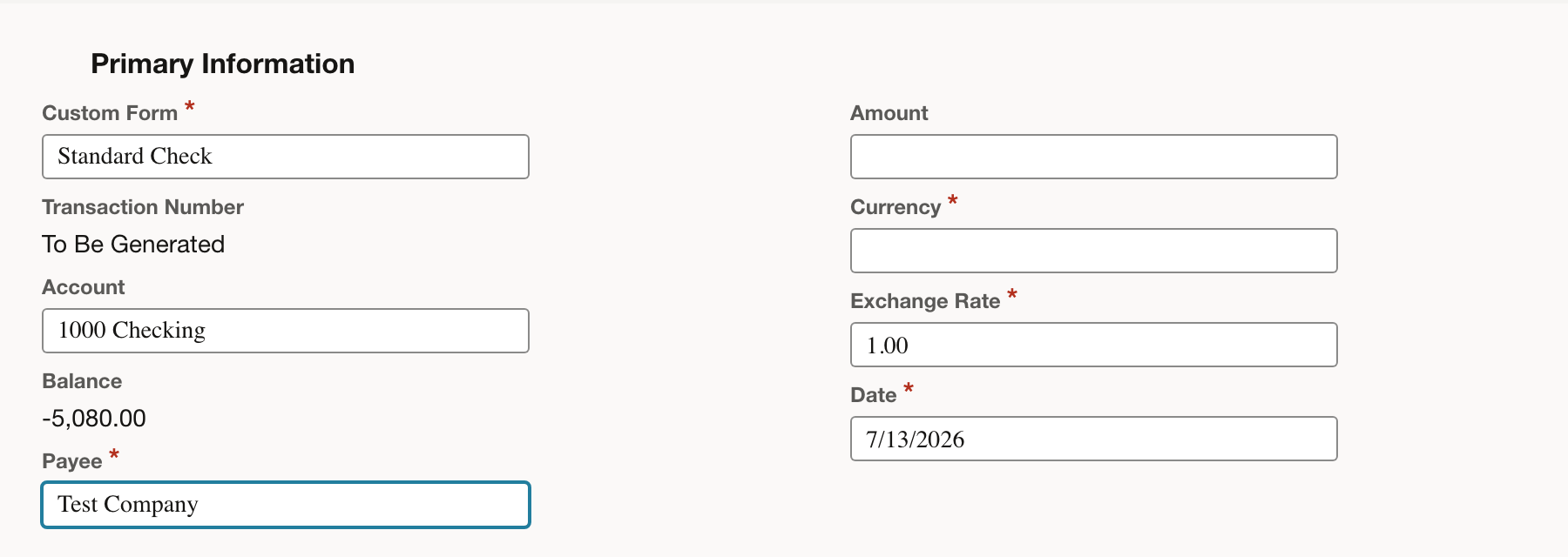The Check form has a selected bank account and payee.