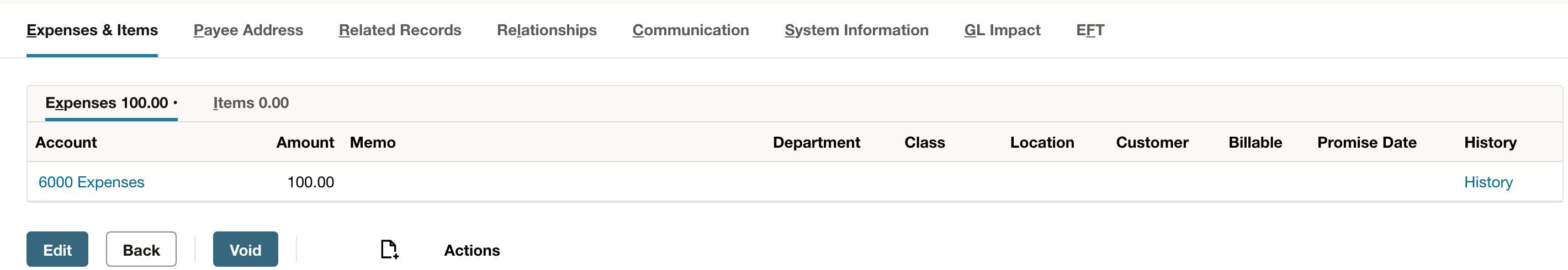 The saved Check shows the 100.00 expense allocation.