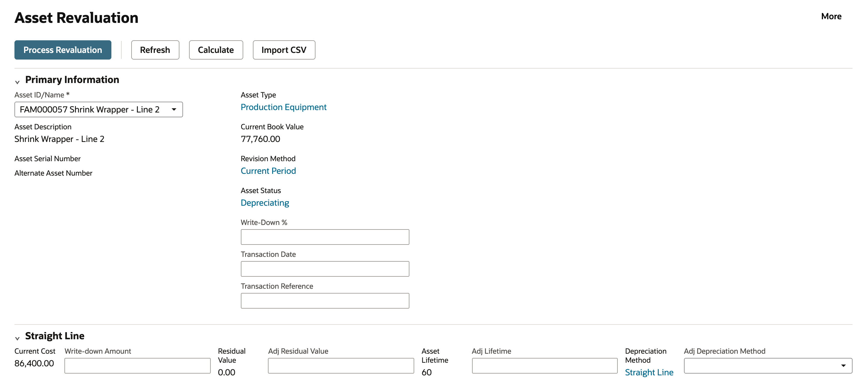 Asset Revaluation with FAM000057 Shrink Wrapper - Line 2 selected: Asset Type Production Equipment, Current Book Value 77,760.00, Revision Method Current Period, Asset Status Depreciating, empty Write-Down %, Transaction Date and Transaction Reference, and a Straight Line section with Current Cost 86,400.00 and Asset Lifetime 60.