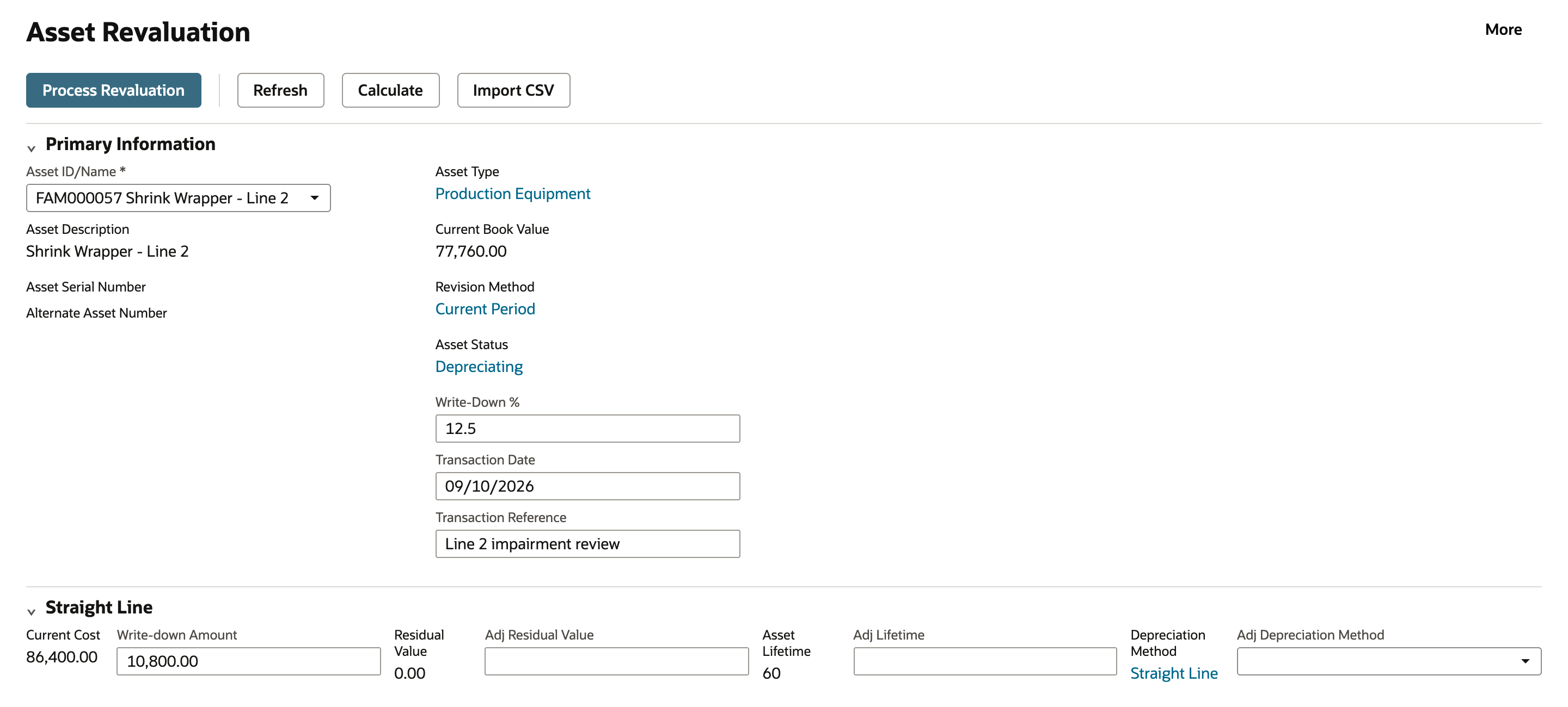 Asset Revaluation after Calculate: Write-Down % 12.5, Transaction Date 09/10/2026, Transaction Reference Line 2 impairment review, and in the Straight Line section Current Cost 86,400.00 with Write-down Amount 10,800.00; the Adj Residual Value, Adj Lifetime and Adj Depreciation Method fields are empty.