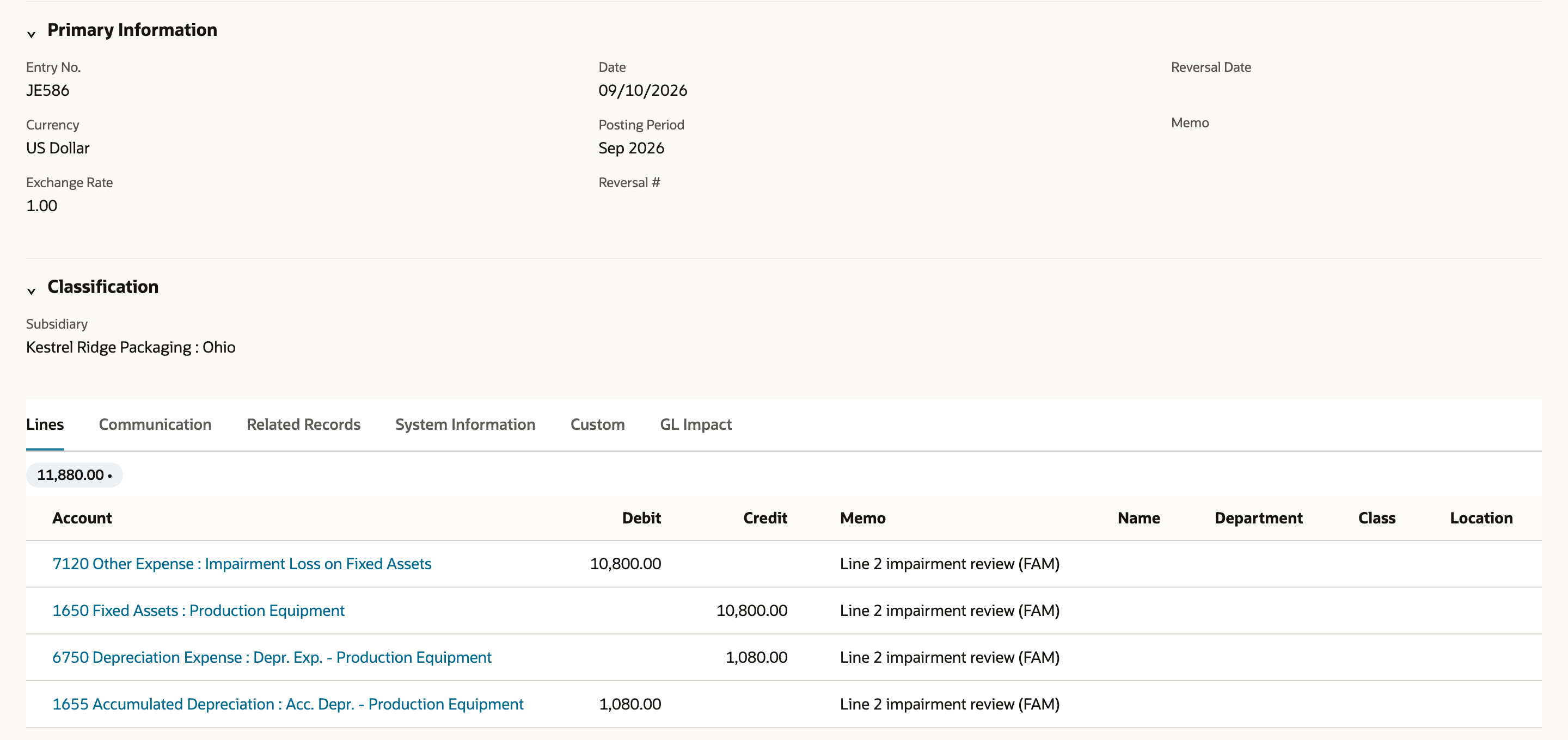 Journal JE586: Date 09/10/2026, Posting Period Sep 2026, Subsidiary Kestrel Ridge Packaging : Ohio, total 11,880.00, with lines debit 7120 Other Expense : Impairment Loss on Fixed Assets 10,800.00, credit 1650 Fixed Assets : Production Equipment 10,800.00, credit 6750 Depreciation Expense : Depr. Exp. - Production Equipment 1,080.00, debit 1655 Accumulated Depreciation : Acc. Depr. - Production Equipment 1,080.00, all with memo Line 2 impairment review (FAM).